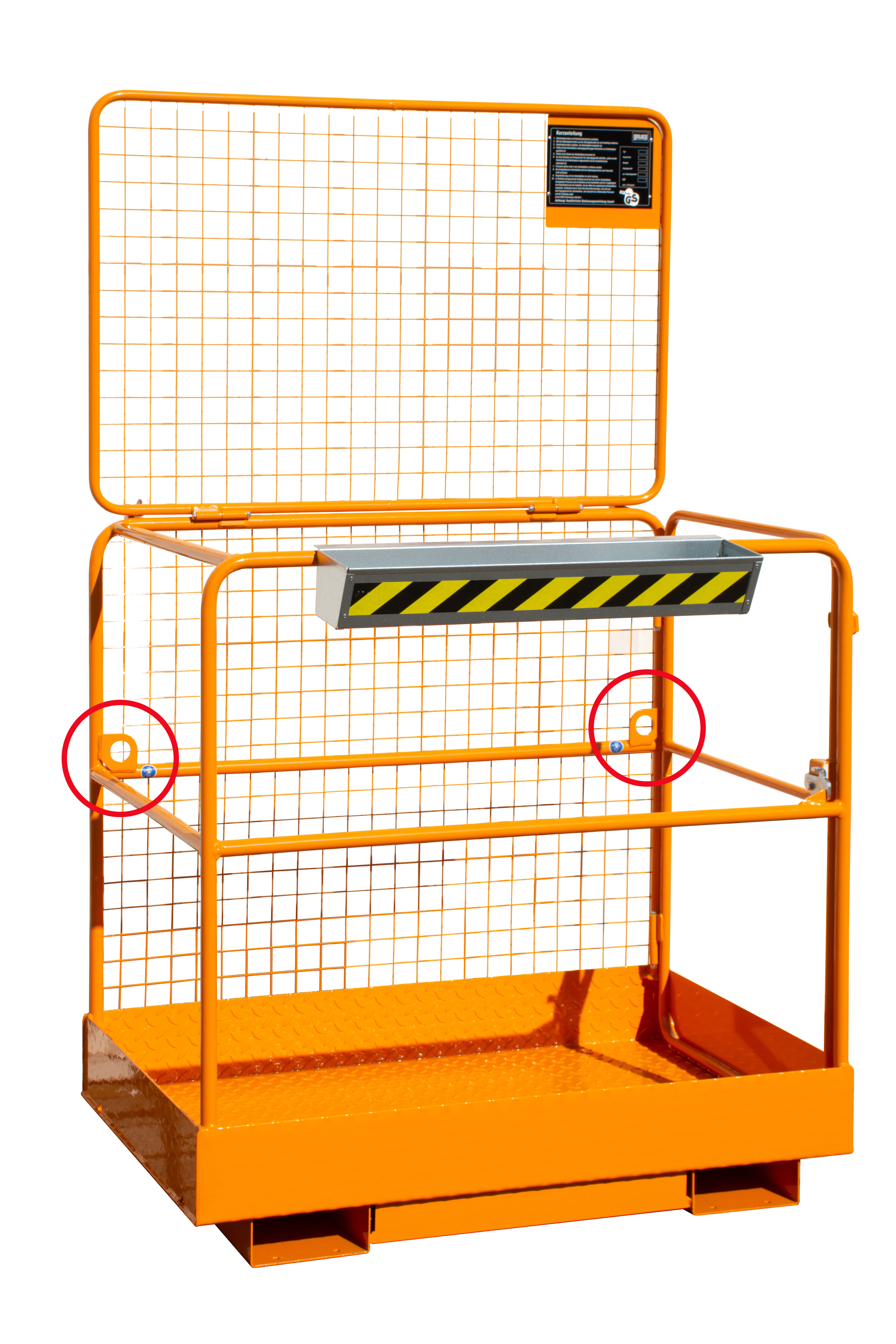 Bauer Stapler-Anbaugerät Sicherheitskorb SIKO – Aufnahme breite Seite – lackiert Gelborange mit 2 PSA-Anschlagvorrichtungen ausgestattet